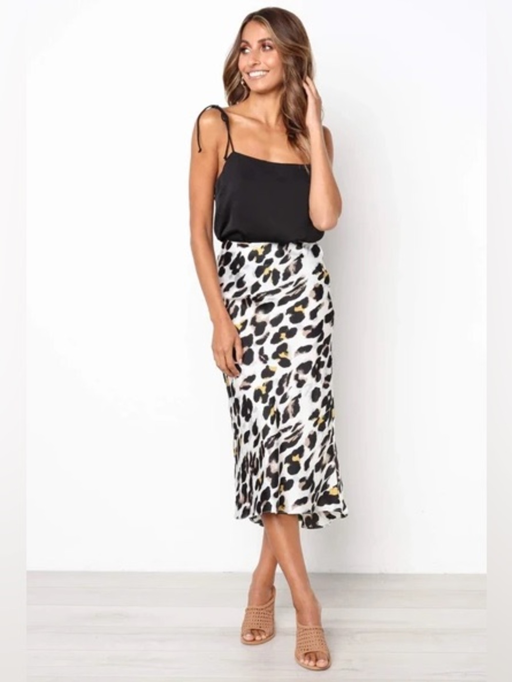 Mint Vanilla UK Satin Animal Print Leopard Bias Cut Midi Skirt S